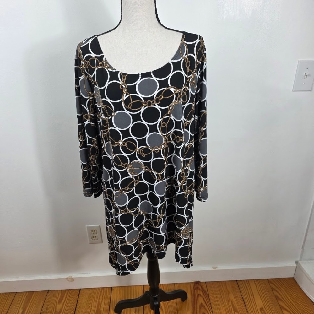 LBISSE Tunic Top 1X Womens Knit‎ Geometric Chain Print Black Gold Mobwife